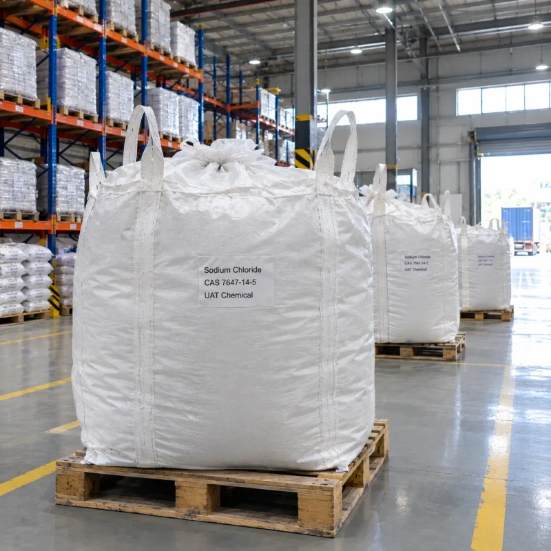 Sodium chloride CAS 7647-14-5 in white FIBC ton bags on wooden pallets in warehouse