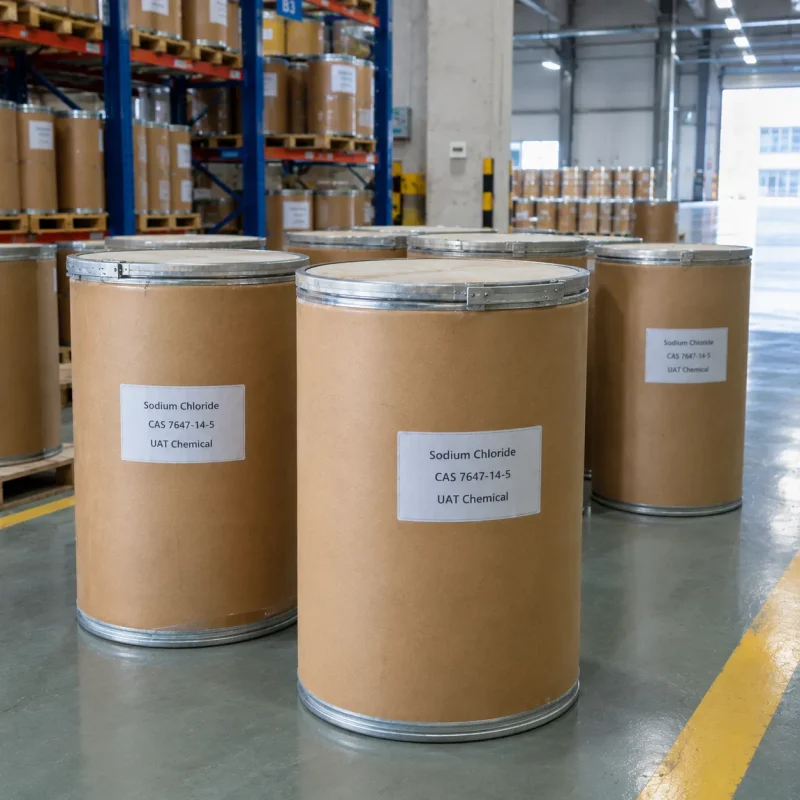 Sodium chloride CAS 7647-14-5 packed in cardboard fiber drums on warehouse floor