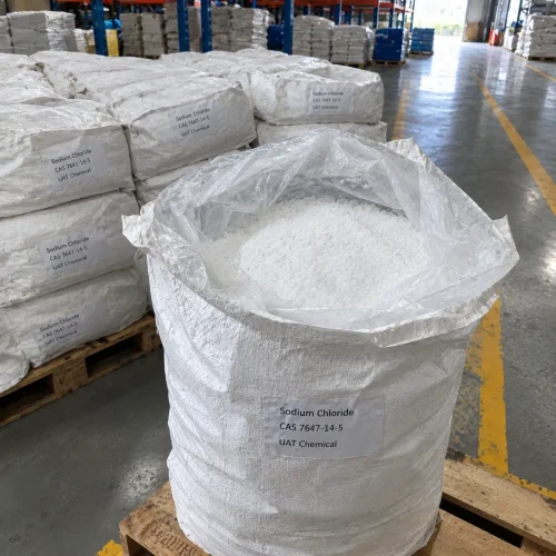 sodium-chloride-cas-7647-14-5-granules-open-bag Sodium chloride CAS 7647-14-5 white granules in an open woven bag with PE liner in warehouse