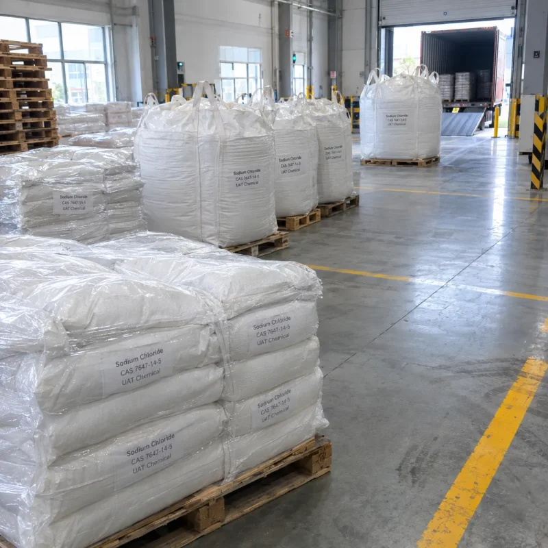 Sodium chloride CAS 7647-14-5 in ton bags and shrink-wrapped bag pallets near loading dock with container