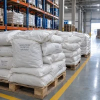 Sodium chloride CAS 7647-14-5 in white woven bags stacked on wooden pallets in warehouse