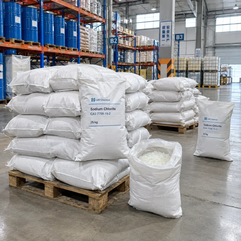 Sodium chlorite (NaClO2, CAS 7758-19-2) in 25 kg white woven bags stacked on pallets, open bag showing flakes