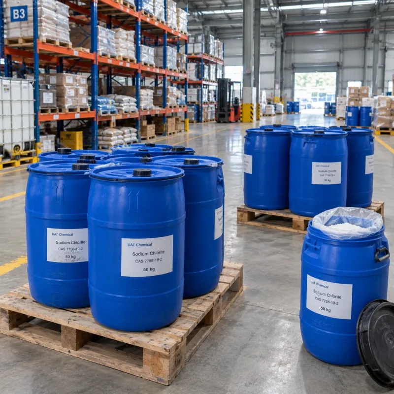 Sodium chlorite (NaClO2, CAS 7758-19-2) in 50 kg blue plastic drums on pallets, one open drum showing white solid