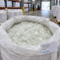 Sodium chlorite (NaClO2, CAS 7758-19-2) white crystals in an open bulk bag with plastic liner in a warehouse