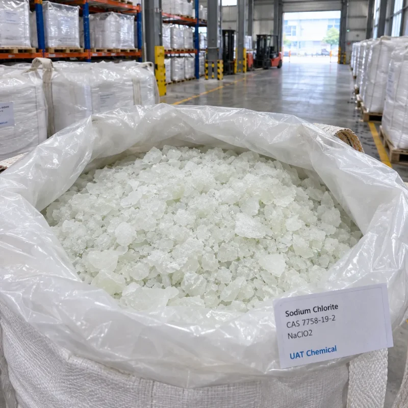 Sodium chlorite (NaClO2, CAS 7758-19-2) white crystals in an open bulk bag with plastic liner in a warehouse