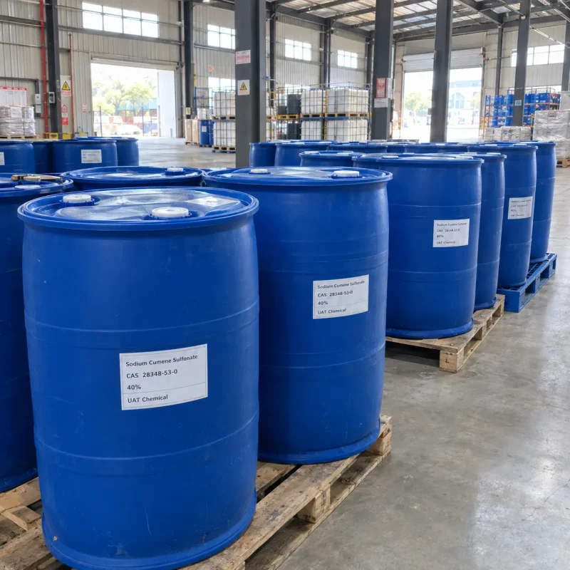 Blue plastic drums of Sodium Cumene Sulfonate 40% liquid solution CAS 28348-53-0 arranged on pallets in a warehouse.