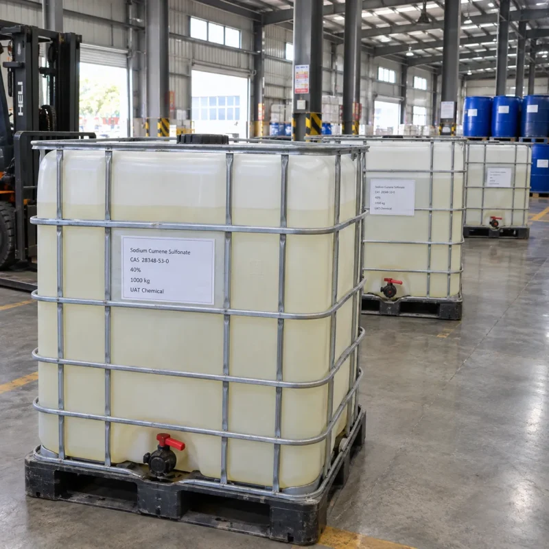 IBC totes filled with Sodium Cumene Sulfonate 40% liquid CAS 28348-53-0, 1000 kg net weight, lined up in a warehouse.