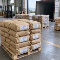 Pallets of 25 kg paper bags of Sodium Cumene Sulfonate 93% powder CAS 28348-53-0 ready for container loading, with a forklift nearby.