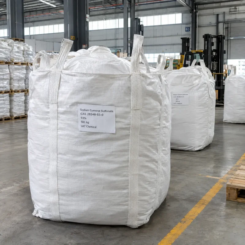 White FIBC ton bags of Sodium Cumene Sulfonate 93% powder CAS 28348-53-0, 500 kg net weight, standing in a warehouse.