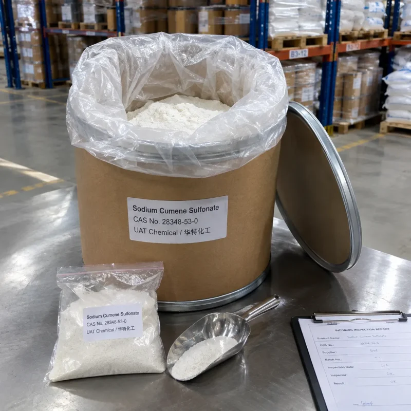 An open fiber drum of Sodium Cumene Sulfonate CAS 28348-53-0 white powder with a sample bag, metal scoop and inspection report on a steel table.