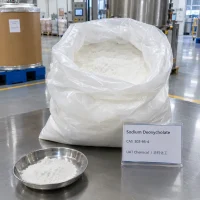 Sodium deoxycholate (CAS 302-95-4) white powder in an open plastic liner bag with a sample dish and sign card