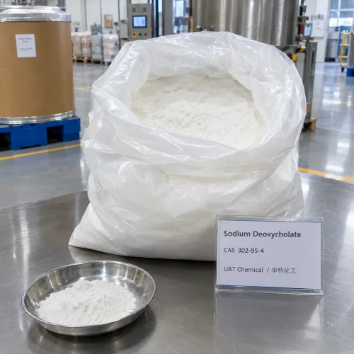 sodium-deoxycholate-powder-open-bag-dish-display Sodium deoxycholate (CAS 302-95-4) white powder in an open plastic liner bag with a sample dish and sign card