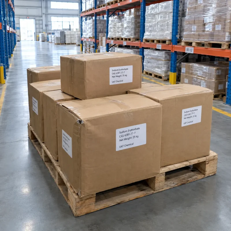 Stacked 25kg cardboard boxes of Sodium Erythorbate CAS 6381-77-7 on a wooden pallet in a warehouse storage area.