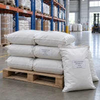 Stacked white 25kg woven bags of Sodium Erythorbate CAS 6381-77-7 on a wooden pallet in a warehouse with a forklift in the background.