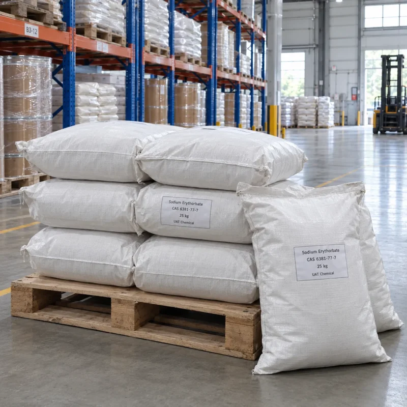 Stacked white 25kg woven bags of Sodium Erythorbate CAS 6381-77-7 on a wooden pallet in a warehouse with a forklift in the background.