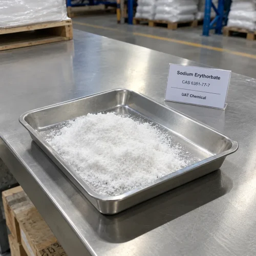 White Sodium Erythorbate powder CAS 6381-77-7 in a stainless steel tray with a product label on a metal table in a warehouse.