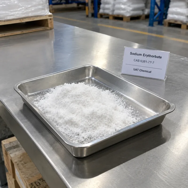 White Sodium Erythorbate powder CAS 6381-77-7 in a stainless steel tray with a product label on a metal table in a warehouse.