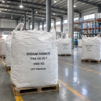 White FIBC bulk bags labeled Sodium Formate CAS 141-53-7 with 1000 kg net weight on wooden pallets in a warehouse.