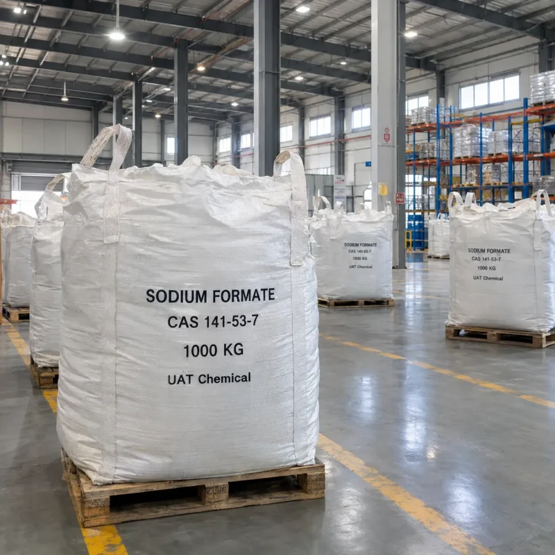 White FIBC bulk bags labeled Sodium Formate CAS 141-53-7 with 1000 kg net weight on wooden pallets in a warehouse.