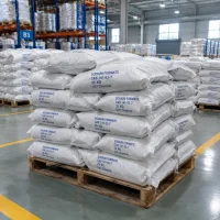 Stacked 25kg white woven bags of Sodium Formate CAS 141-53-7 on a wooden pallet in a warehouse storage area.