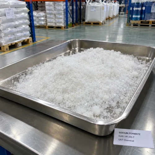 White Sodium Formate crystals CAS 141-53-7 in a stainless steel tray with a product label on a metal table in a warehouse.