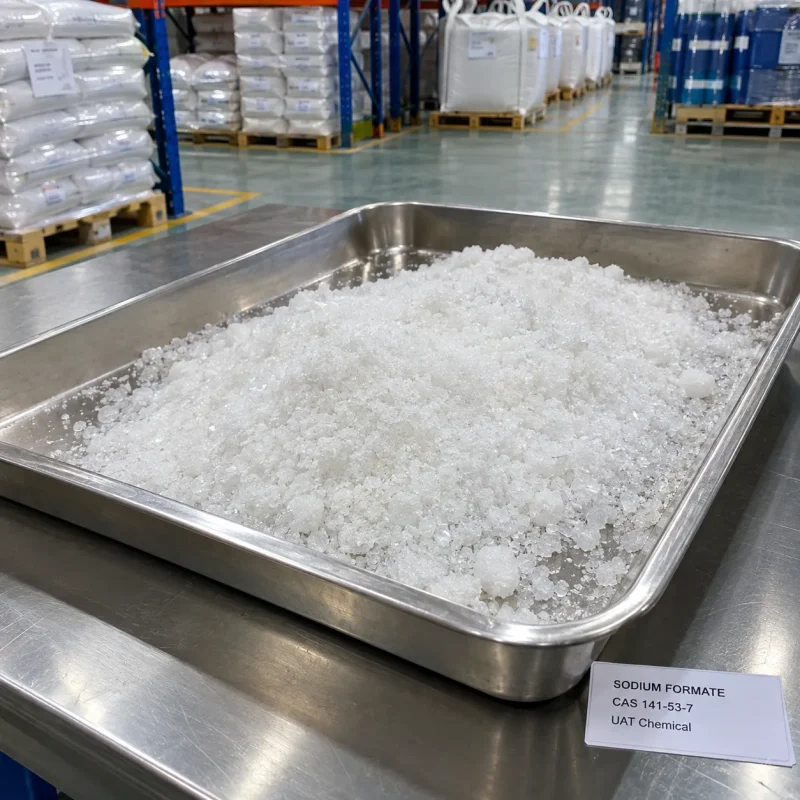 White Sodium Formate crystals CAS 141-53-7 in a stainless steel tray with a product label on a metal table in a warehouse.