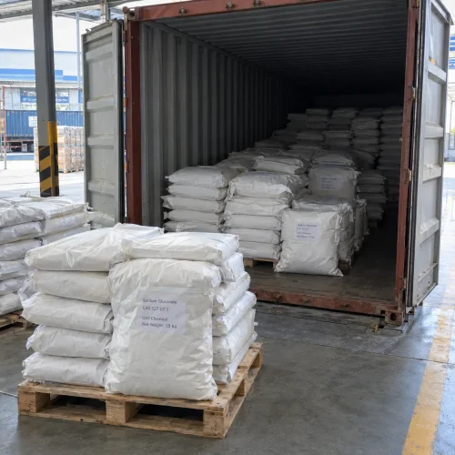 Sodium gluconate CAS 527-07-1 in 25 kg bags on pallets loaded into a shipping container