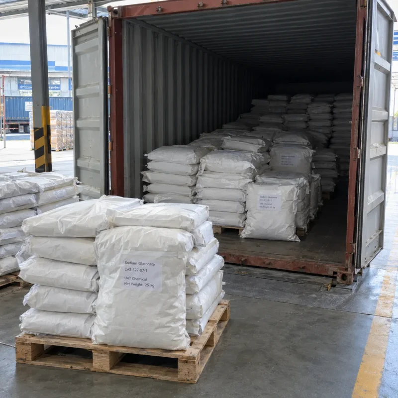 sodium-gluconate-cas-527-07-1-bags-container-loading Sodium gluconate CAS 527-07-1 in 25 kg bags on pallets loaded into a shipping container