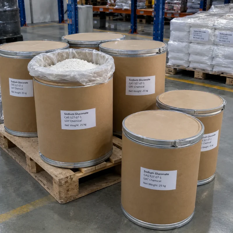 sodium-gluconate-cas-527-07-1-fiber-drums-powder Sodium gluconate CAS 527-07-1 white powder in open fiber drum with PE liner beside 25 kg fiber drums on pallet