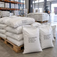Sodium metabisulfite CAS 7681-57-4 in 25 kg woven bags stacked on wooden pallets in warehouse