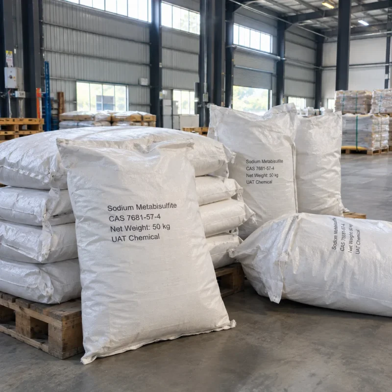 Sodium metabisulfite CAS 7681-57-4 in 50 kg woven bags stacked on pallets in warehouse