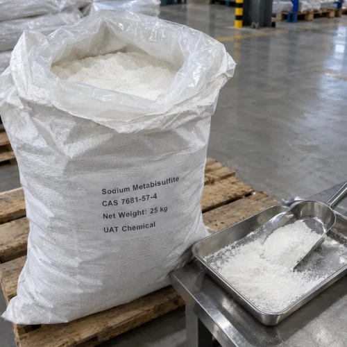 Sodium metabisulfite CAS 7681-57-4 white powder in open 25 kg woven bag with tray and scoop on table