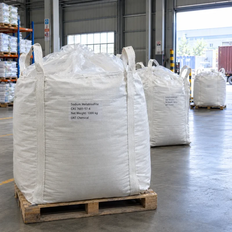 Sodium metabisulfite CAS 7681-57-4 in 1000 kg FIBC ton bags on wooden pallets in warehouse