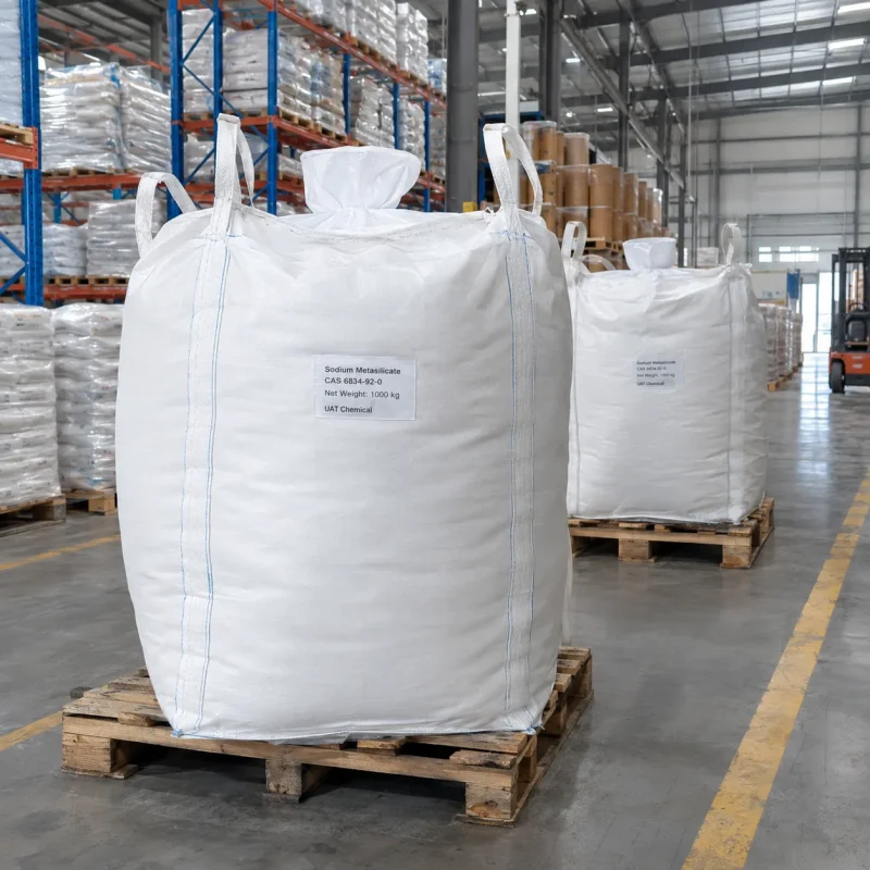 Sodium metasilicate (CAS 6834-92-0) in 1000 kg white bulk bags (FIBC jumbo bags) with lifting loops on pallets