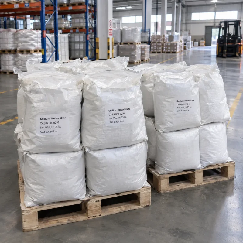 Sodium metasilicate (CAS 6834-92-0) powder in 25 kg white woven bags stacked on pallets in a chemical warehouse