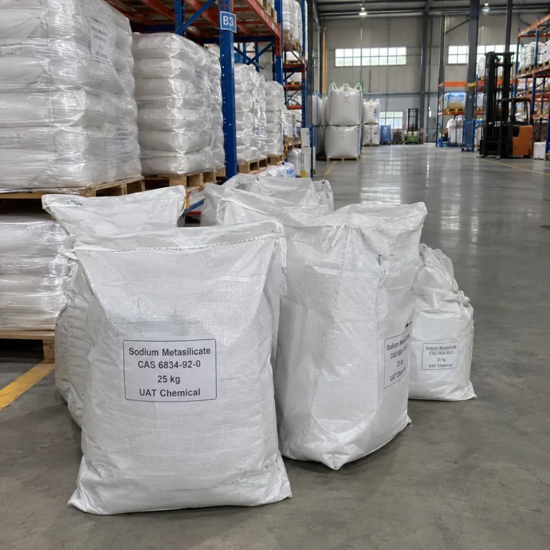Sodium metasilicate (CAS 6834-92-0) packed in 25 kg white woven bags standing on a warehouse floor, ready for shipment