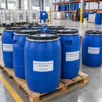 Sodium methyl cocoyl taurate (CAS 12765-39-8) packed in blue plastic drums with black lids on a wooden pallet in warehouse
