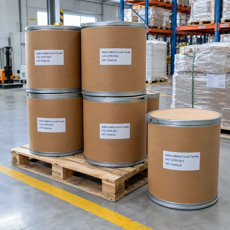 Sodium methyl cocoyl taurate (CAS 12765-39-8) packed in kraft fiber drums with metal rims stacked on a pallet in warehouse