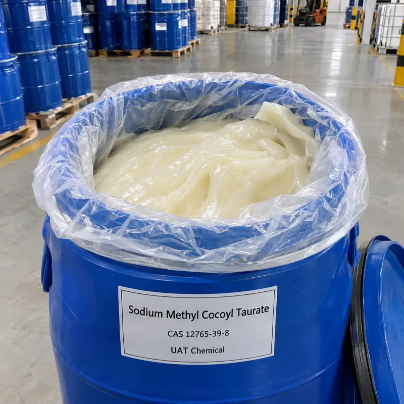 Sodium methyl cocoyl taurate (CAS 12765-39-8) white paste in an open blue drum with plastic liner, close-up view