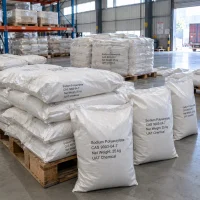 Sodium polyacrylate CAS 9003-04-7 in 25 kg woven bags stacked on wooden pallets in warehouse