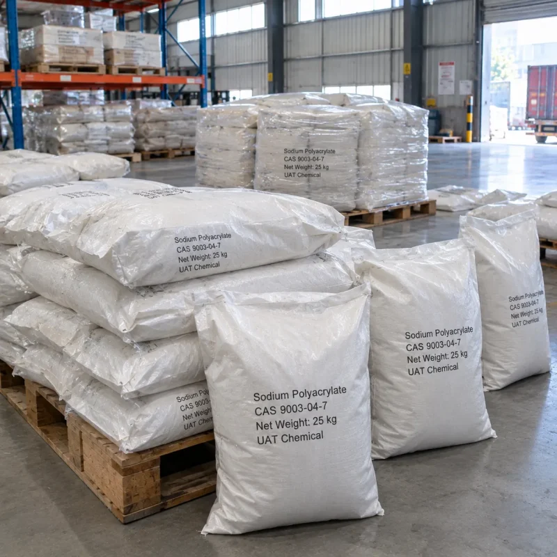 Sodium polyacrylate CAS 9003-04-7 in 25 kg woven bags stacked on wooden pallets in warehouse