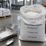 Sodium polyacrylate CAS 9003-04-7 white powder in open 25 kg bag with tray and scoop on table