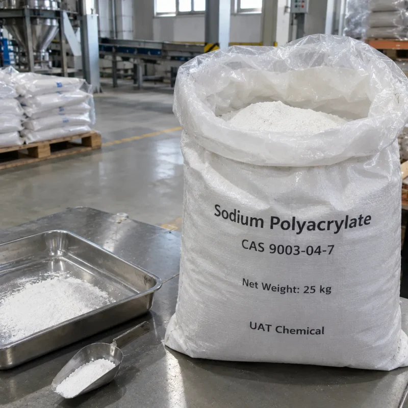 Sodium polyacrylate CAS 9003-04-7 white powder in open 25 kg bag with tray and scoop on table