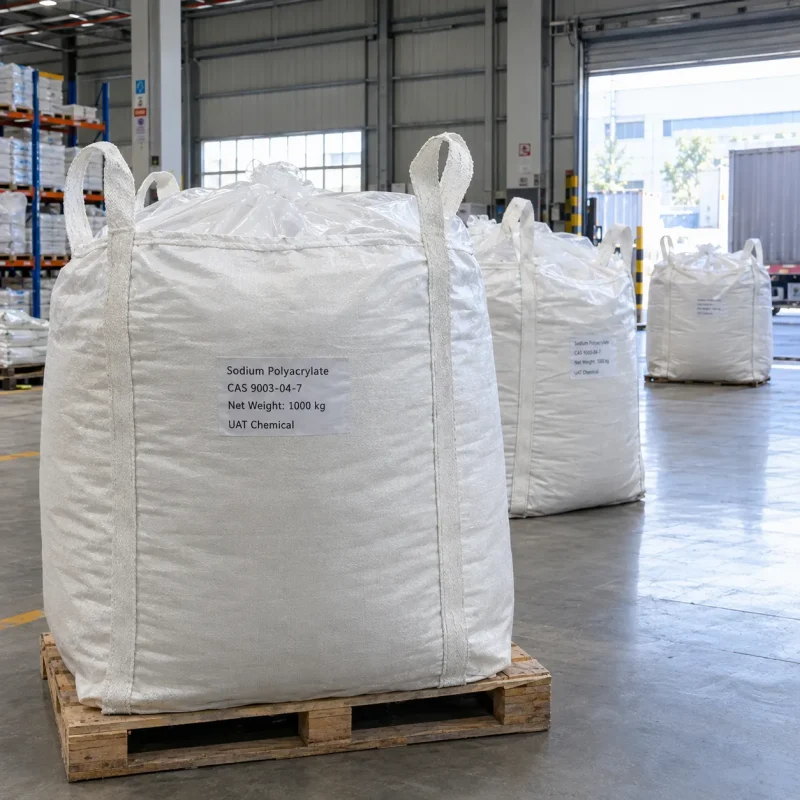 Sodium polyacrylate CAS 9003-04-7 in 1000 kg FIBC ton bags on wooden pallets in warehouse