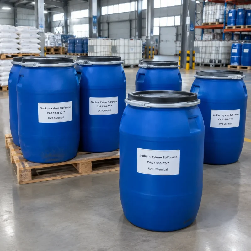 Sodium xylene sulfonate (SXS, CAS 1300-72-7) liquid in blue open-head plastic drums with black lids on a wooden pallet