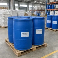 Sodium xylene sulfonate (SXS, CAS 1300-72-7) liquid in blue closed-head plastic drums stacked on a pallet in warehouse