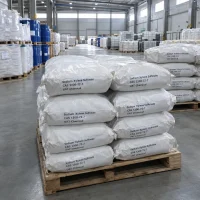 Sodium xylene sulfonate (SXS, CAS 1300-72-7) packed in white woven bags stacked on pallets in a chemical warehouse