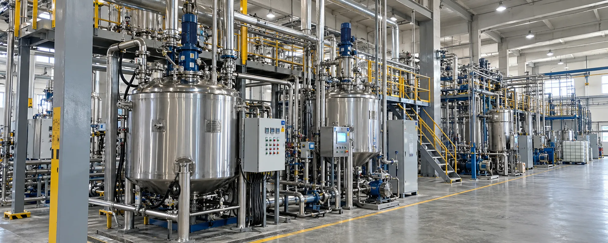 Stainless steel reaction vessels and automated piping inside UATChem chemical manufacturing workshop