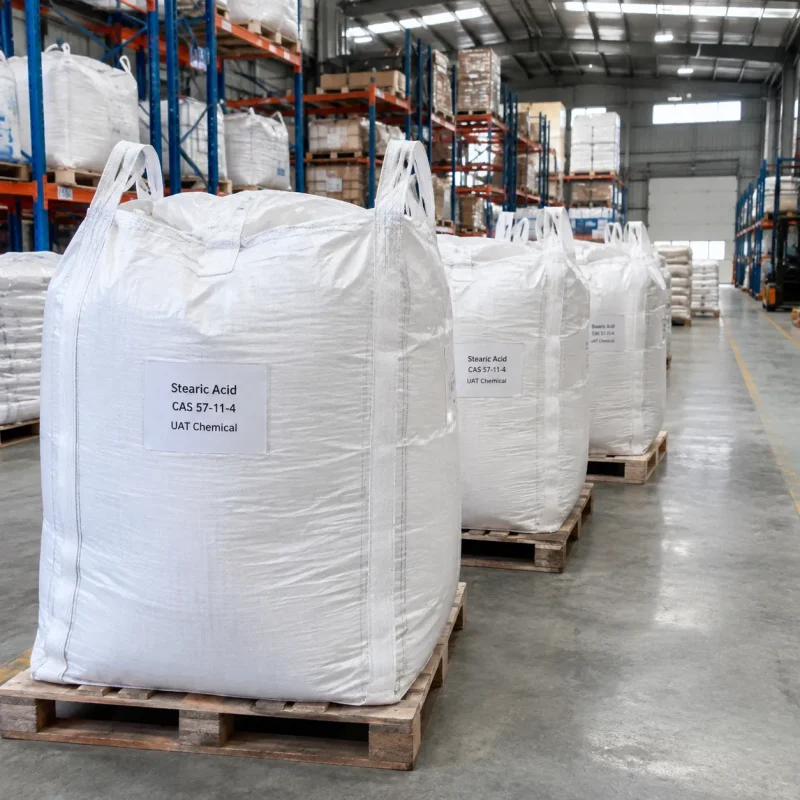 stearic-acid-cas-57-11-4-fibc-bulk-bags-warehouse Stearic Acid CAS 57-11-4 in white FIBC bulk bags lined up on pallets in warehouse
