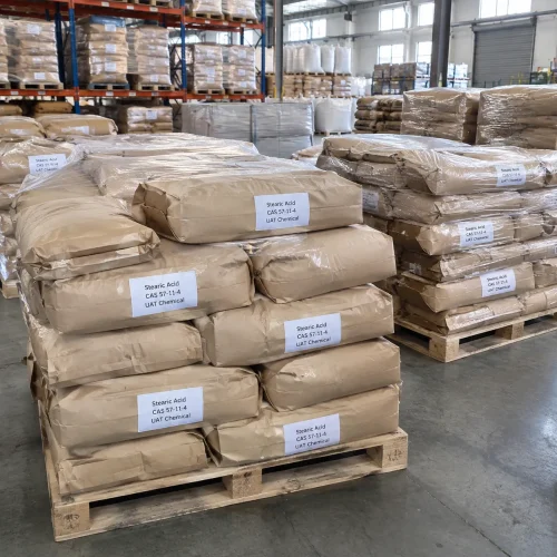 Stearic Acid CAS 57-11-4 in kraft paper bags stacked and stretch-wrapped on pallets